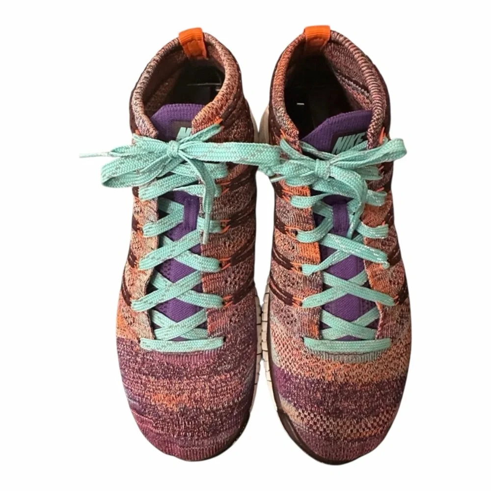 Nike Flyknit Chukka Multicolor Knit Sneakers Teal Laces Purple Swoosh Women’s 8